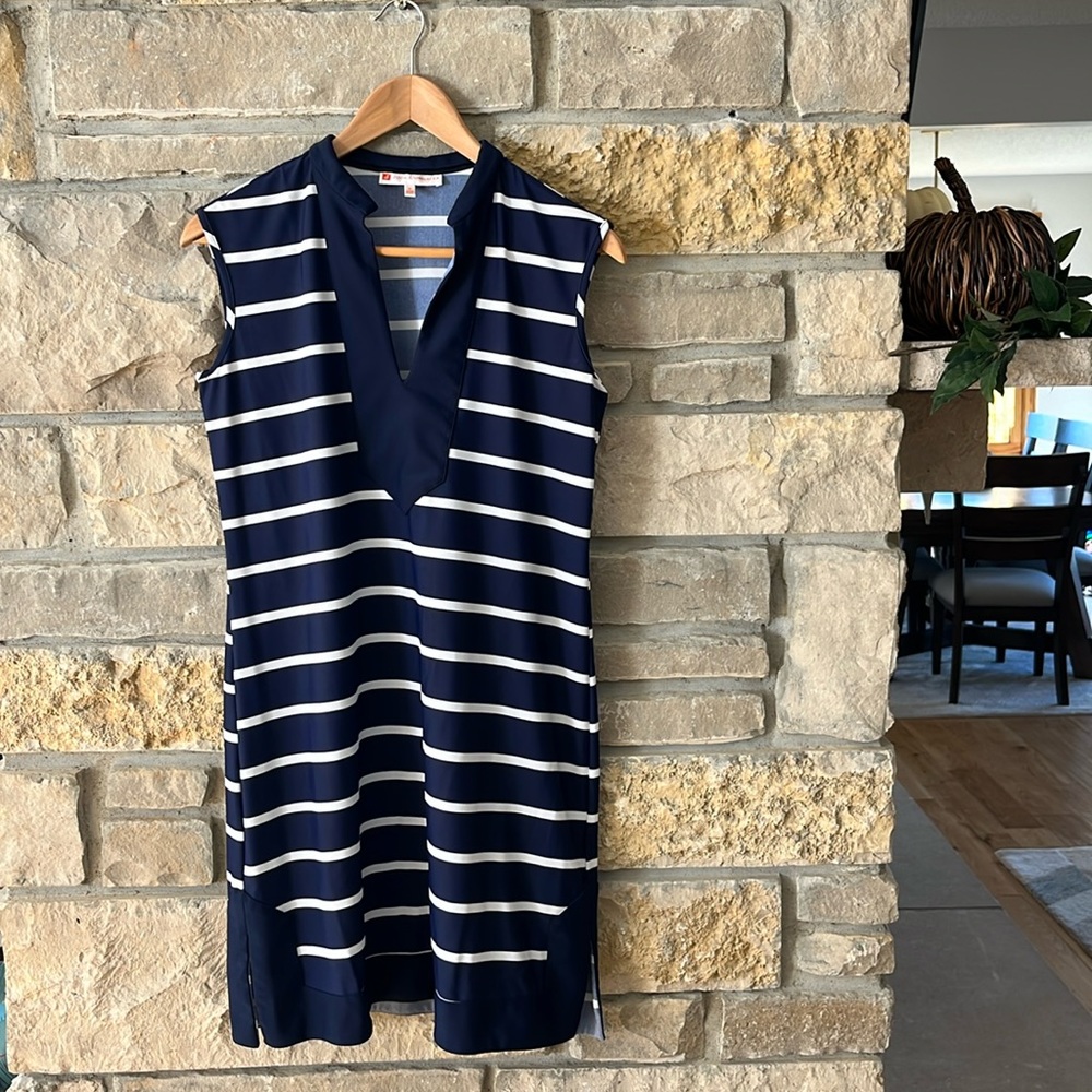 Jude Connally Navy and White Striped Sleeveless Nautical Shift Dress Medium